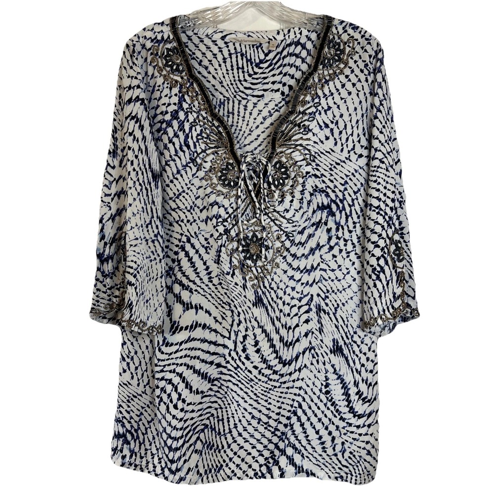 Soft Surroundings Size Med South‎ Beach White Blue Lace Up Beaded Tunic Coastal